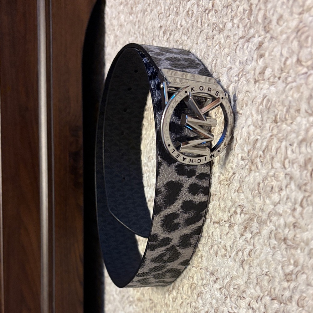 Michael Kors Reversible Animal Print Belt with Rotating Silver Buckle